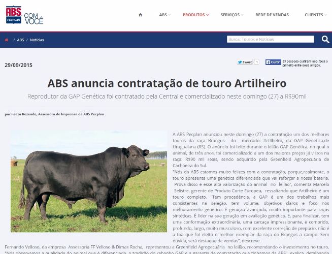ABS anuncia contratação de touro Brangus "GAP Artilheiro"