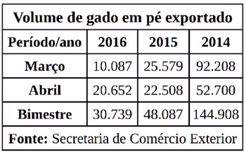 Exportações de gado em pé caem 36% no 2º bimestre