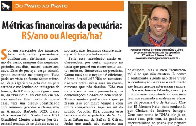 Métricas financeiras da pecuária: R$/ano ou Alegria/ha?